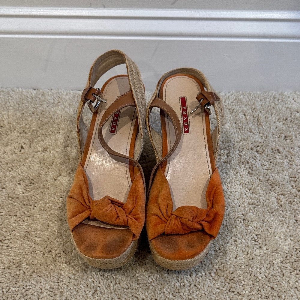 Prada Women's Tan and Orange Espadrille Wedges